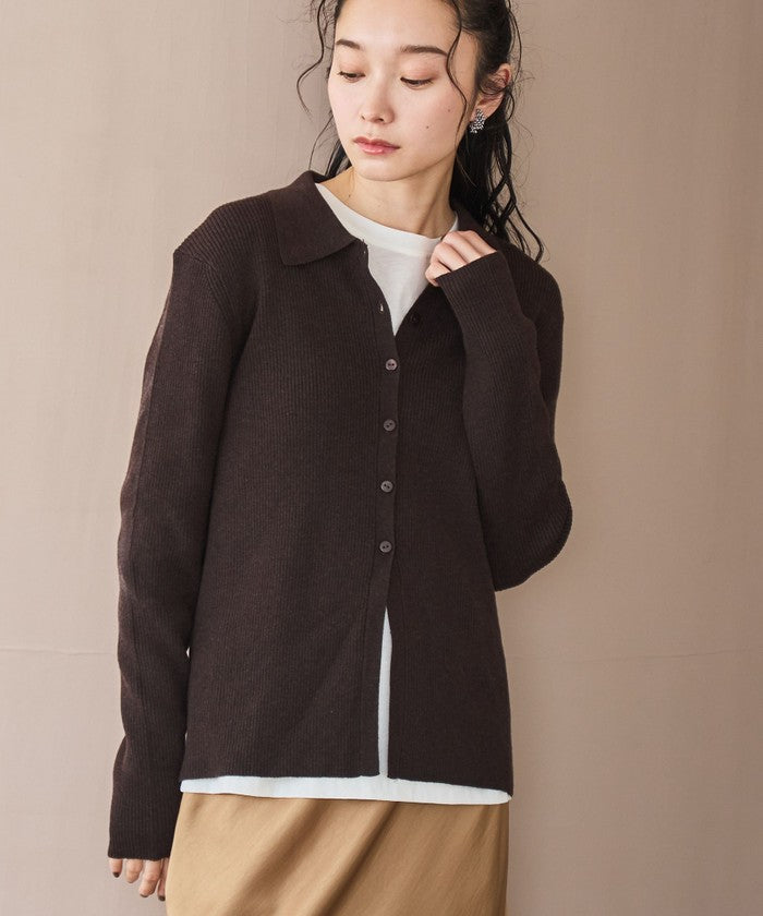ウール混 襟付きリブニットカーディガン DK.BROWN