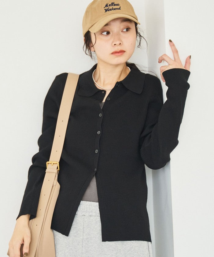 ウール混 襟付きリブニットカーディガン DK.BROWN