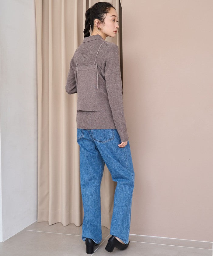 ウール混 襟付きリブニットカーディガン DK.BROWN