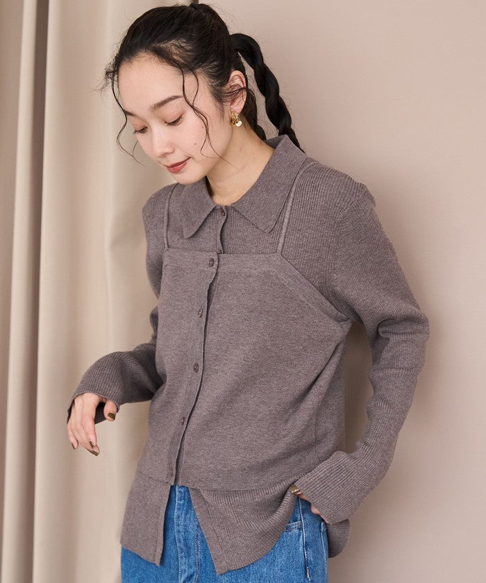 ウール混 襟付きリブニットカーディガン DK.BROWN