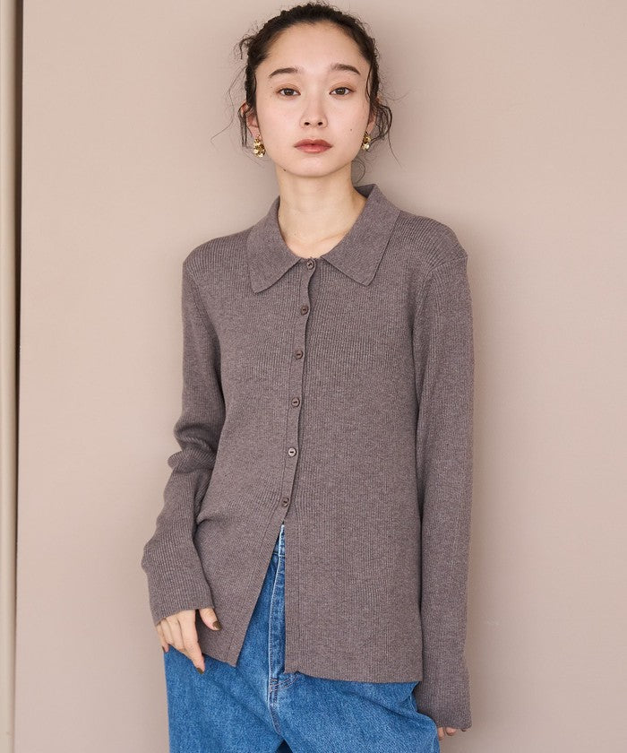 ウール混 襟付きリブニットカーディガン DK.BROWN