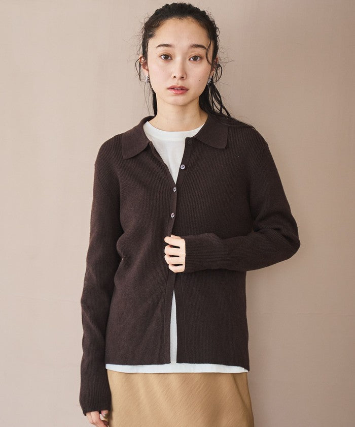 ウール混 襟付きリブニットカーディガン DK.BROWN