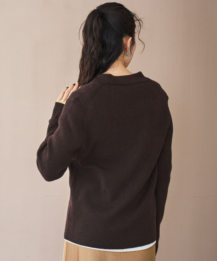 ウール混 襟付きリブニットカーディガン DK.BROWN