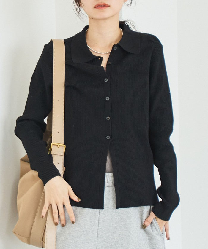 ウール混 襟付きリブニットカーディガン BLACK