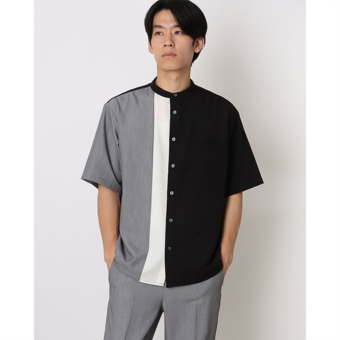 コムサイズム COMME CA ISM ウールライク バンドカラーブロッキング半袖シャツ (ブラック) ブラック