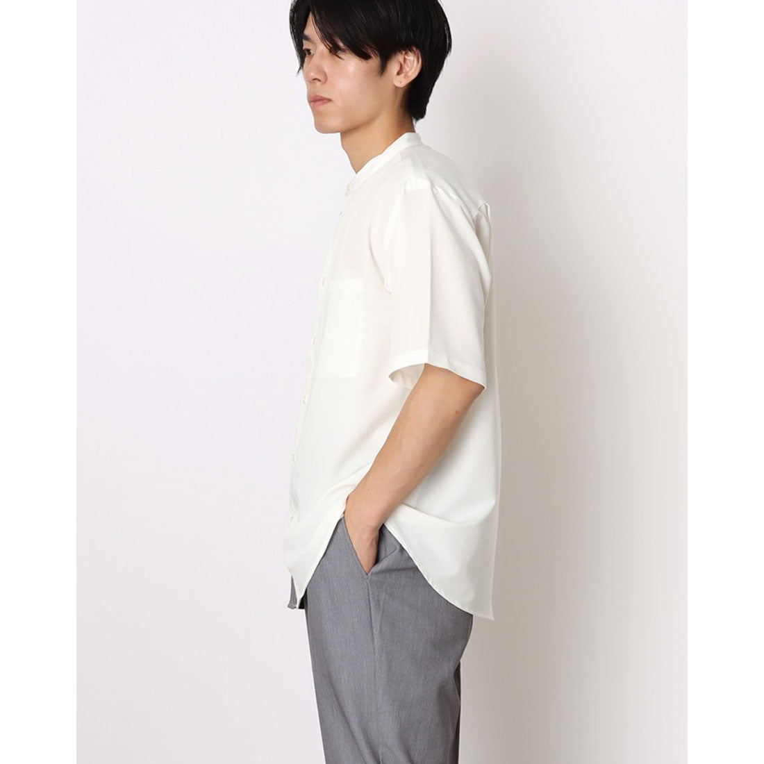 コムサイズム COMME CA ISM ウールライク バンドカラーブロッキング半袖シャツ (ブラック) ブラック