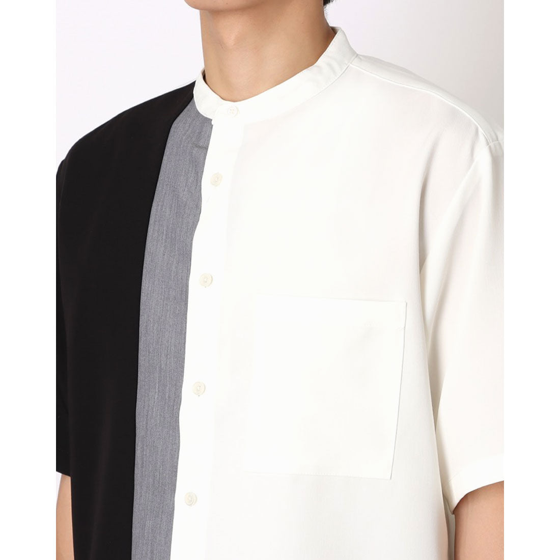 コムサイズム COMME CA ISM ウールライク バンドカラーブロッキング半袖シャツ (ブラック) ブラック