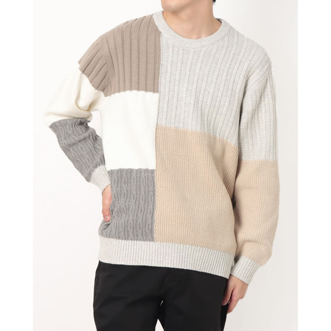 コムサイズム COMME CA ISM パッチワーク風 クルーネックニット (オフホワイト) オフホワイト