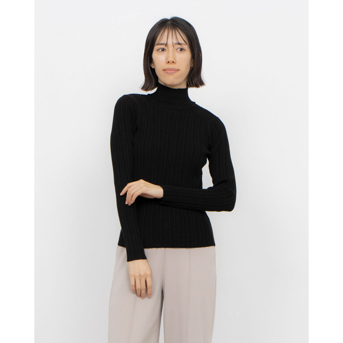 コムサイズム COMME CA ISM ランダムリブ ハイネックニット,ブラック