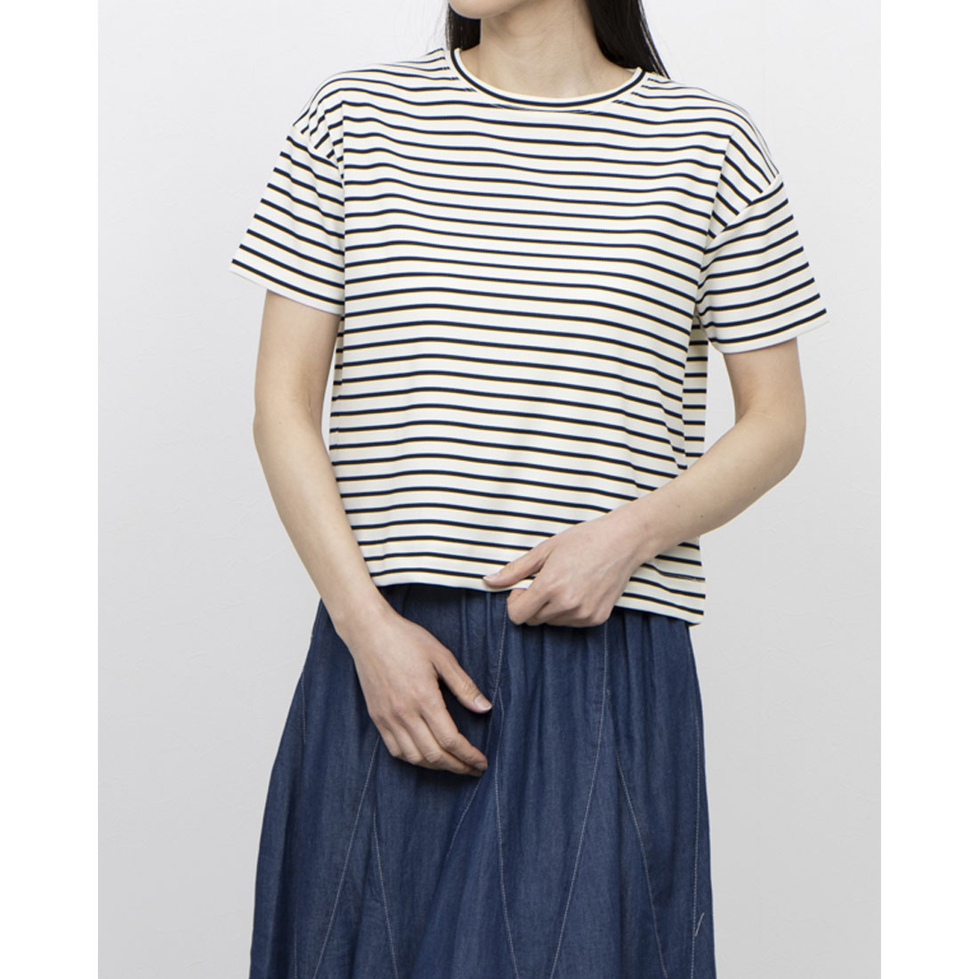 コムサイズム COMME CA ISM ボーダー クロップドTシャツ (アイボリー×ブラック) アイボリー×ブラック