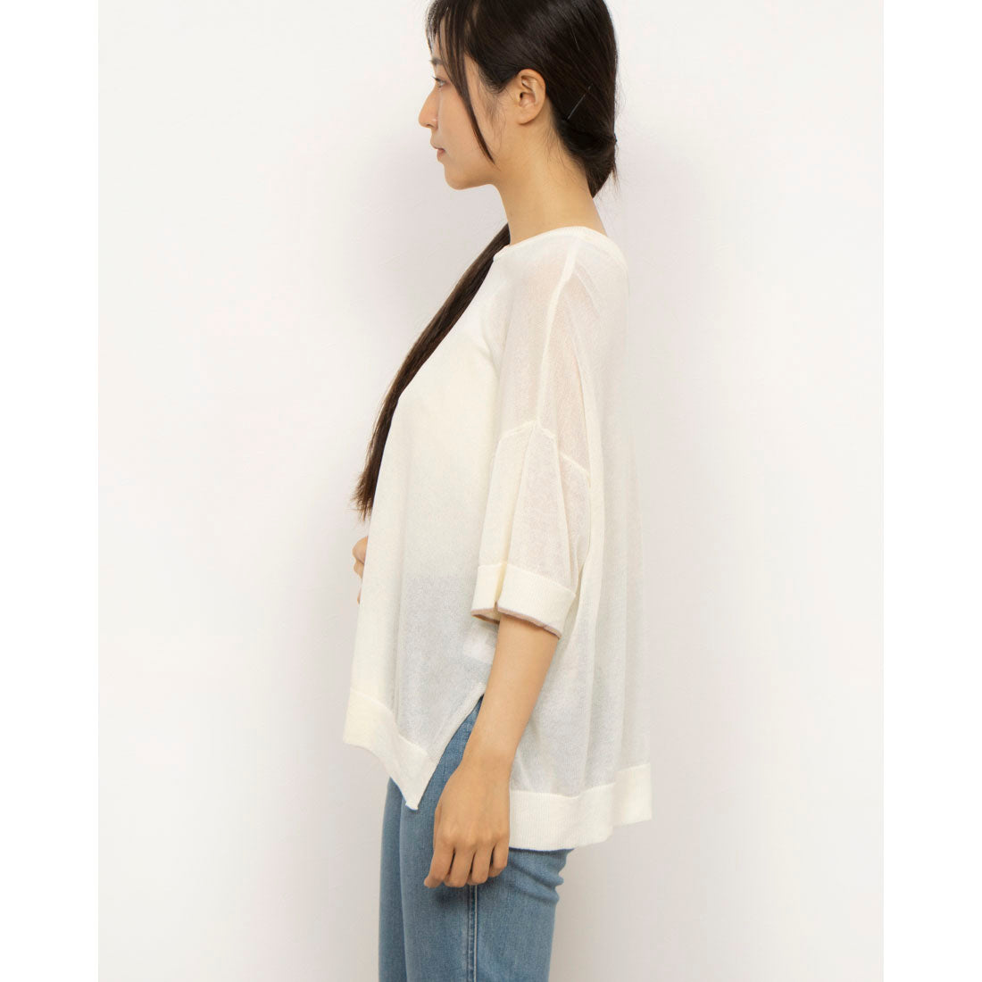 コムサイズム COMME CA ISM 前後2WAY シアー配色ニットT (アイボリー) アイボリー