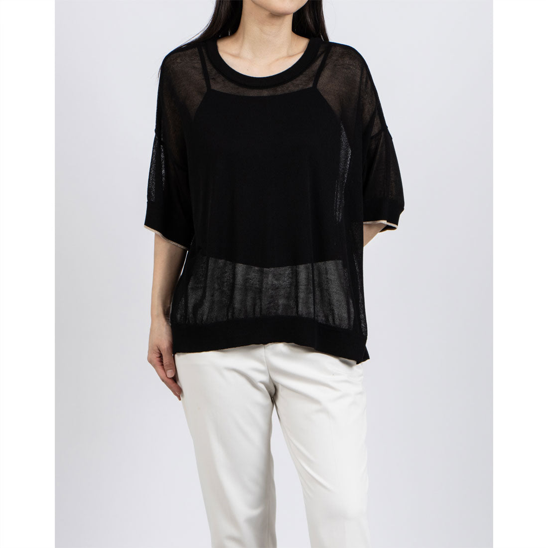 コムサイズム COMME CA ISM 前後2WAY シアー配色ニットT (ブラック) ブラック