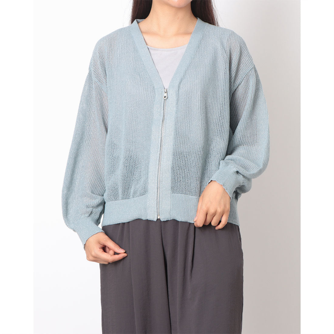 コムサイズム COMME CA ISM 【ウォッシャブル】メッシュラメカーディガン (サックス) サックス