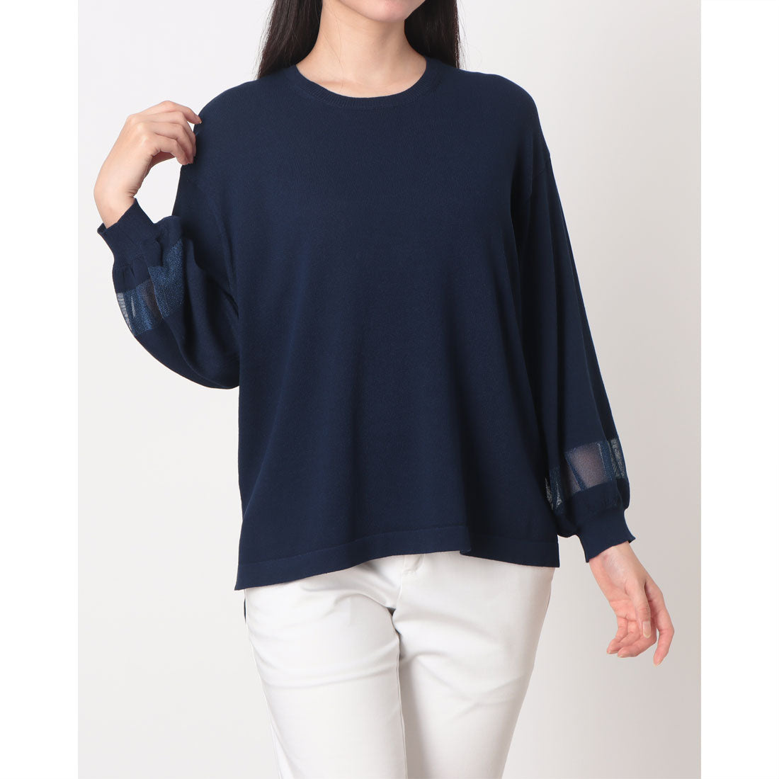 コムサイズム COMME CA ISM シアー切り替え7分袖ニット / セットアップ対応 (ネイビー) ネイビー