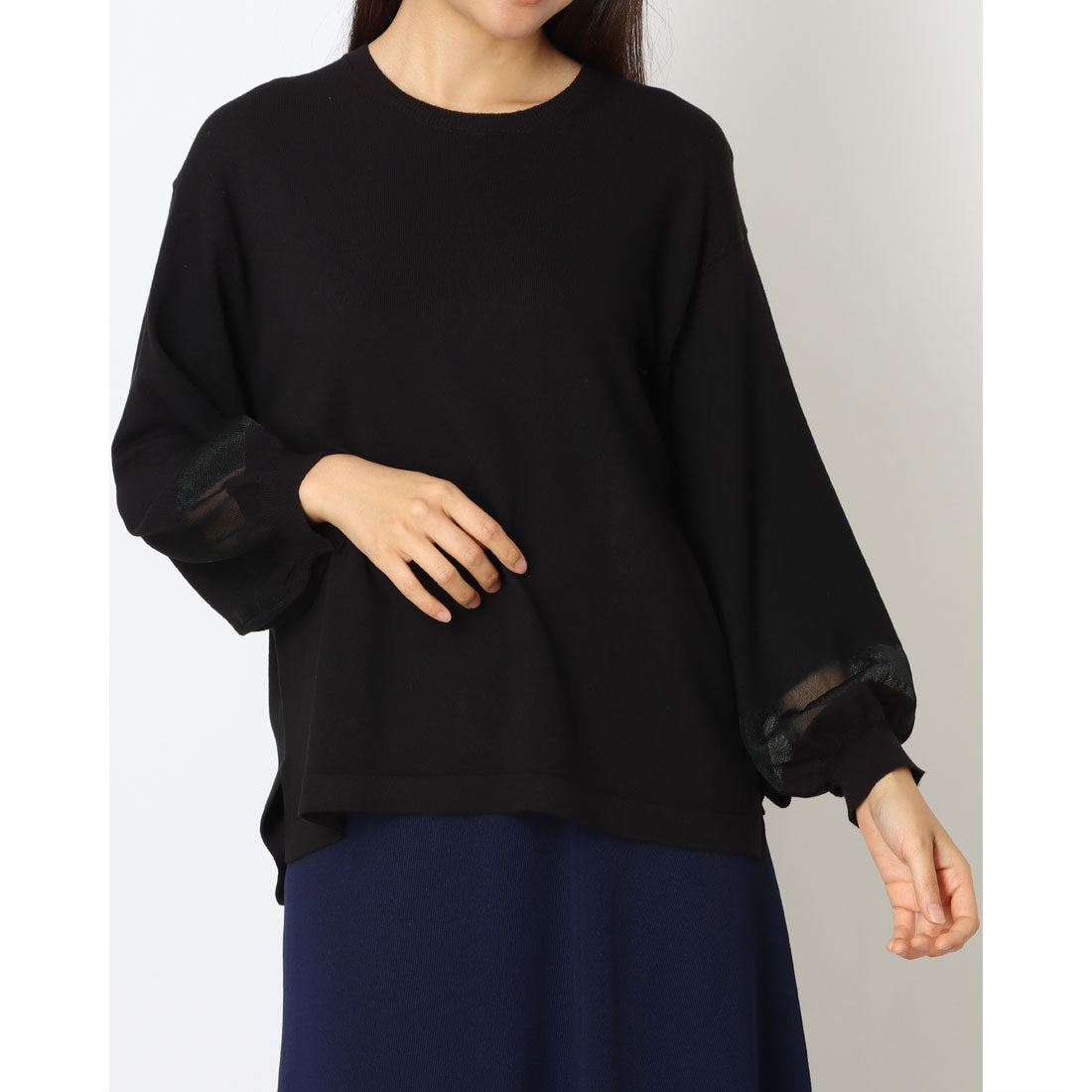 コムサイズム COMME CA ISM シアー切り替え7分袖ニット / セットアップ対応 (ブラック) ブラック