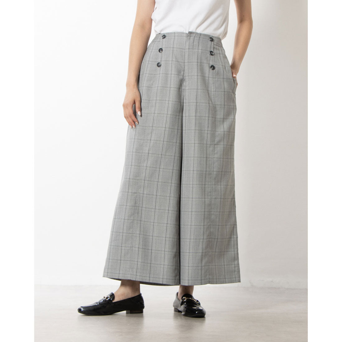 コムサイズム COMME CA ISM ポリエステルレーヨングレンチェック ワイドパンツ / セットアップ対応 (グレー グレンチェック) グレー グレンチェック