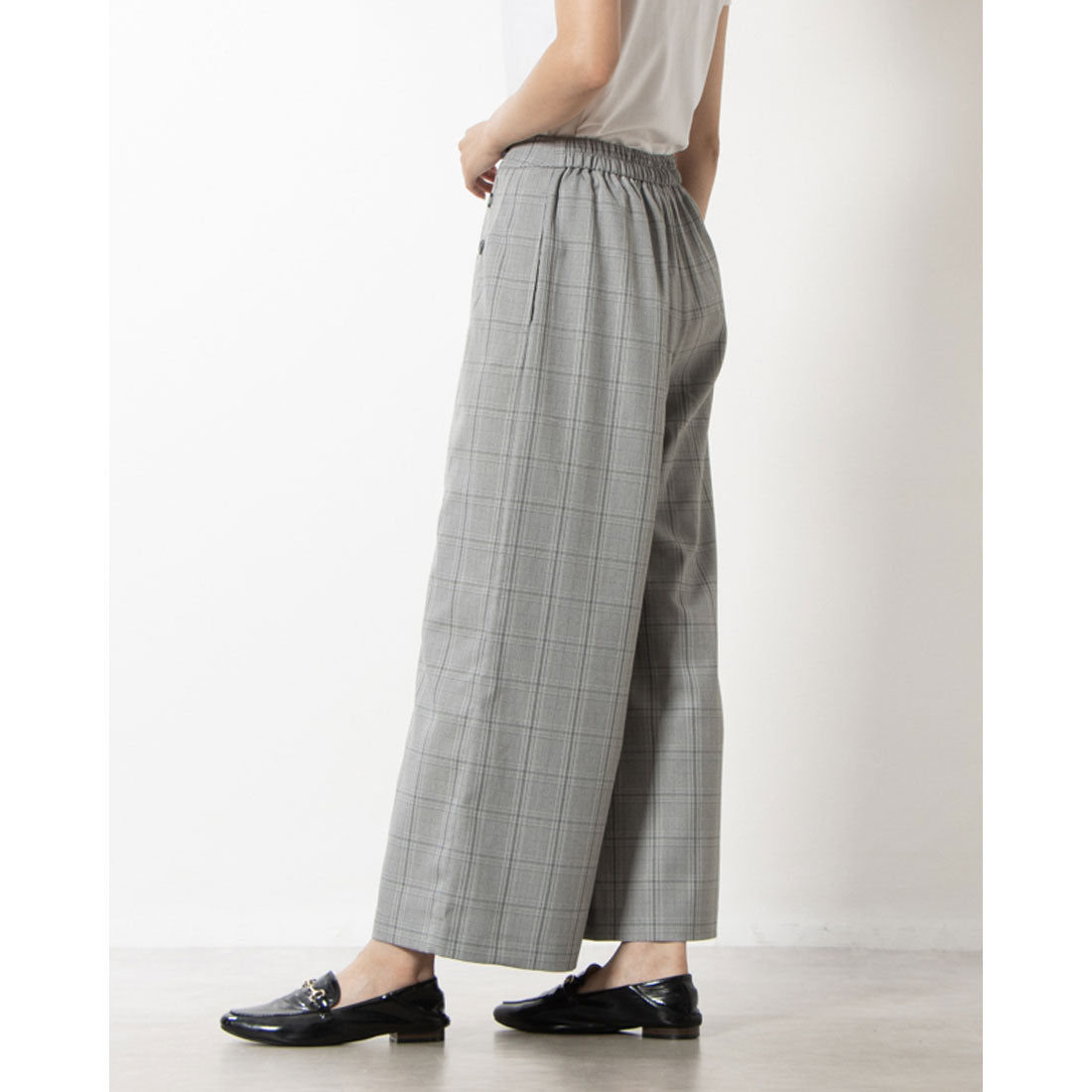 コムサイズム COMME CA ISM ポリエステルレーヨングレンチェック ワイドパンツ / セットアップ対応 (グレー グレンチェック) グレー グレンチェック