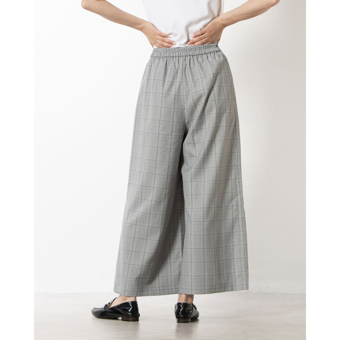 コムサイズム COMME CA ISM ポリエステルレーヨングレンチェック ワイドパンツ / セットアップ対応 (グレー グレンチェック) グレー グレンチェック