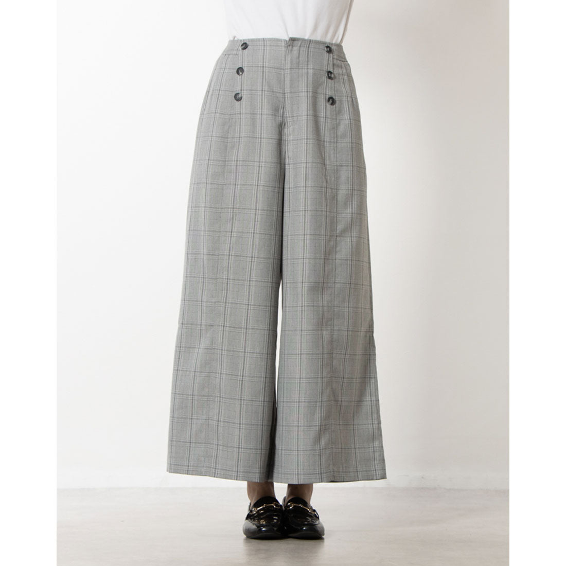 コムサイズム COMME CA ISM ポリエステルレーヨングレンチェック ワイドパンツ / セットアップ対応 (グレー グレンチェック) グレー グレンチェック