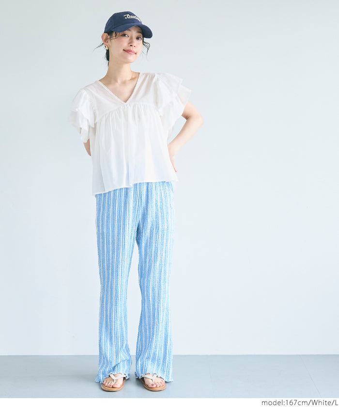 コカ coca Vネック袖フリルブラウス (White) White