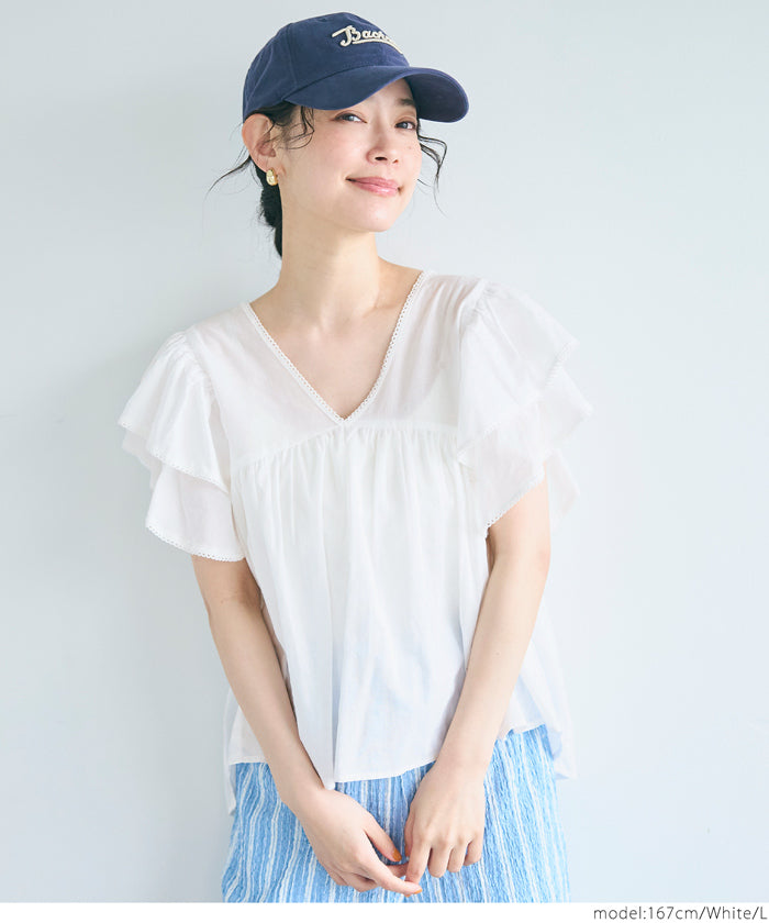 コカ coca Vネック袖フリルブラウス (White) White