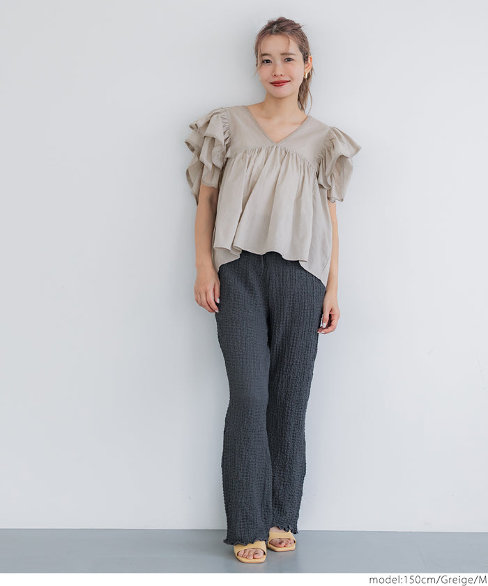 コカ coca Vネック袖フリルブラウス (White) White