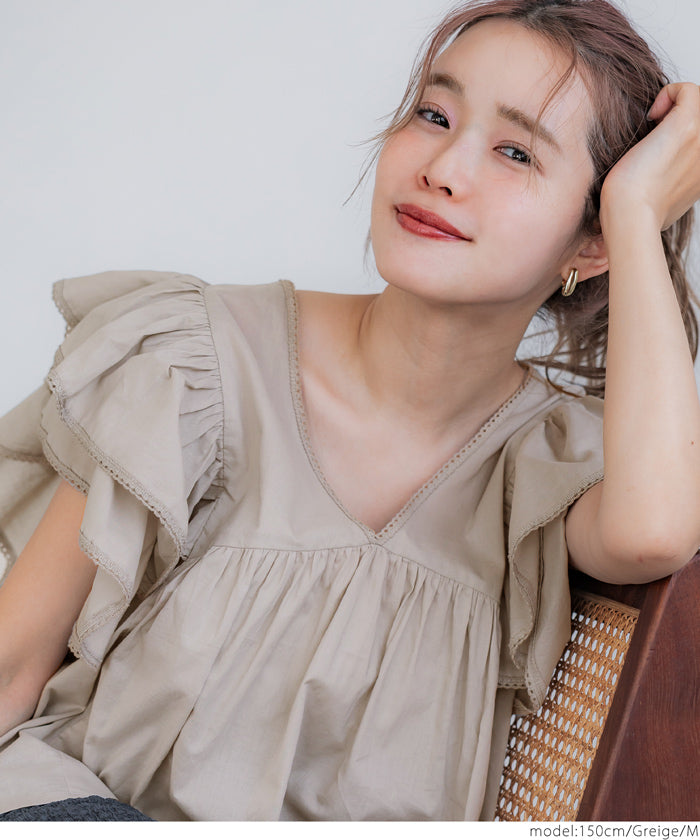 コカ coca Vネック袖フリルブラウス (White) White