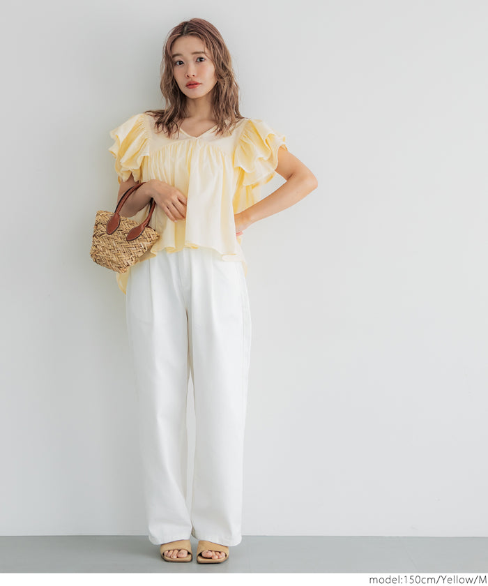 コカ coca Vネック袖フリルブラウス (White) White