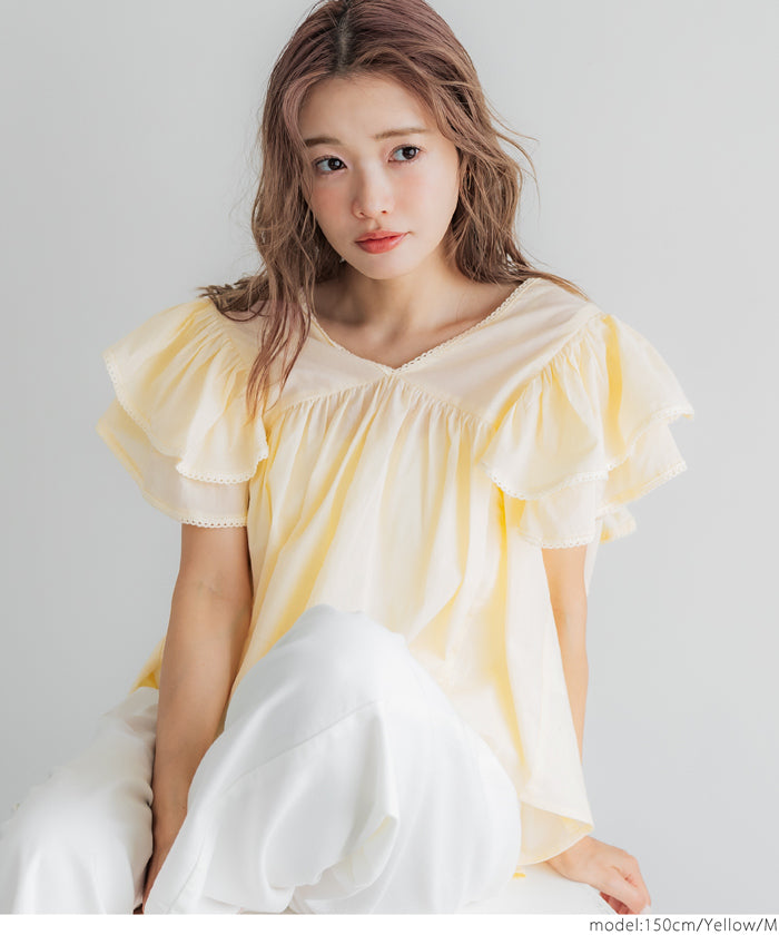 コカ coca Vネック袖フリルブラウス (White) White