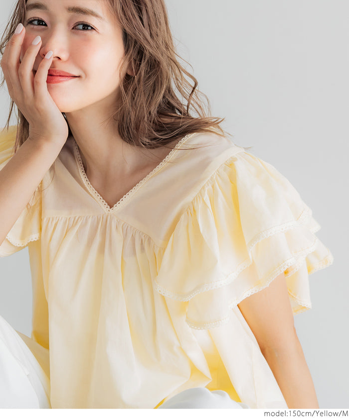 コカ coca Vネック袖フリルブラウス (White) White