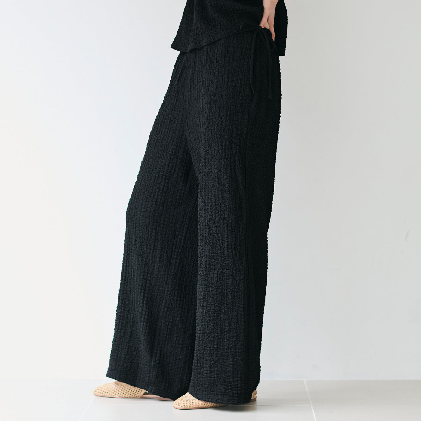コカ coca クロスシャーリングサイドリボンパンツ (Black) Black