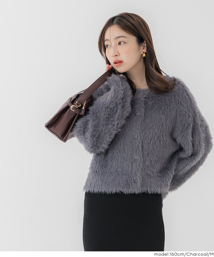 コカ coca クルーネックシャギーニットカーディガン (Charcoal) Charcoal