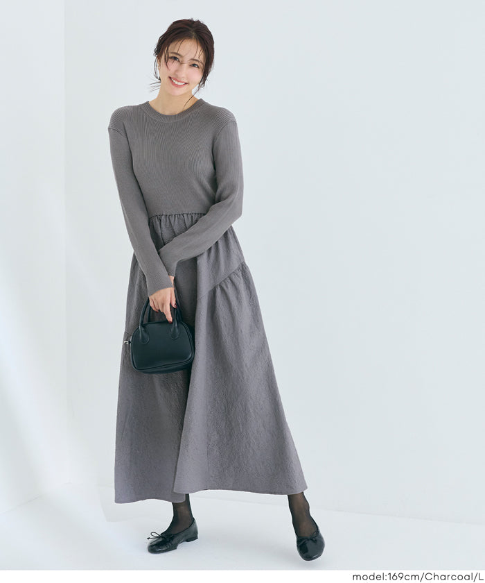 コカ coca 上品エンボスニットドッキングワンピース (Charcoal) Charcoal