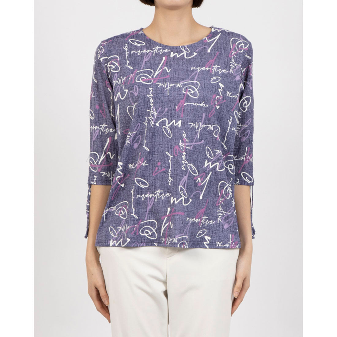 COKETT COLLECTION Letter Pattern Sleeve Shirring Cut and Sew Top