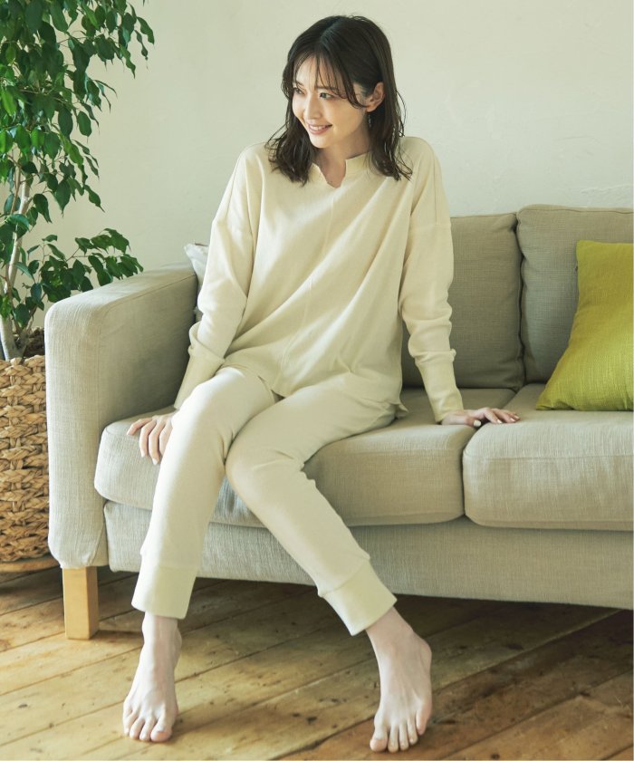 イッカラウンジ ikka LOUNGE ワッフル裾リブパンツ (ベージュ) ベージュ