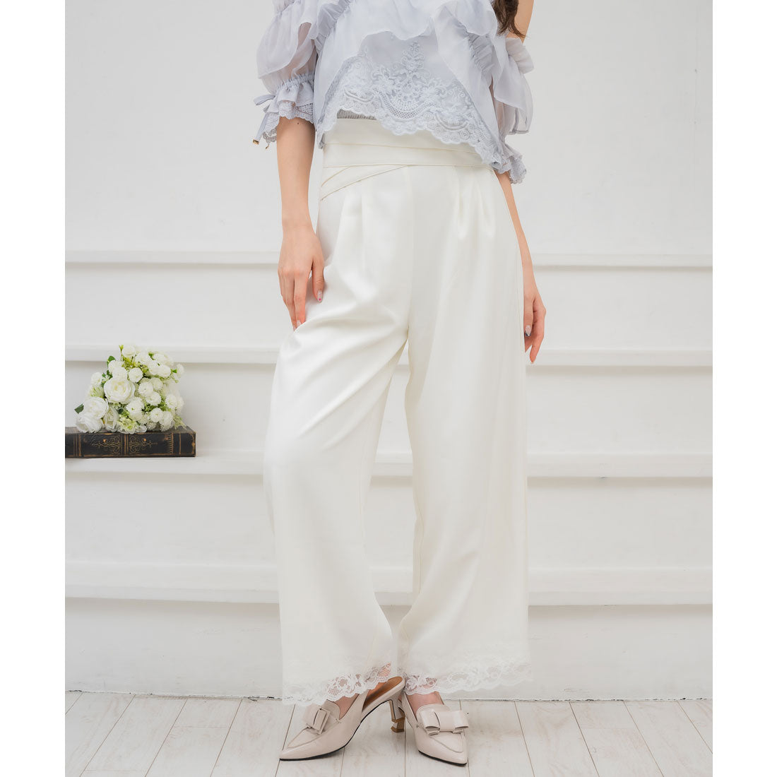 クチュールバイロジータ couture BY ROJITA ウエストデザインワイドパンツ (ホワイト) ホワイト