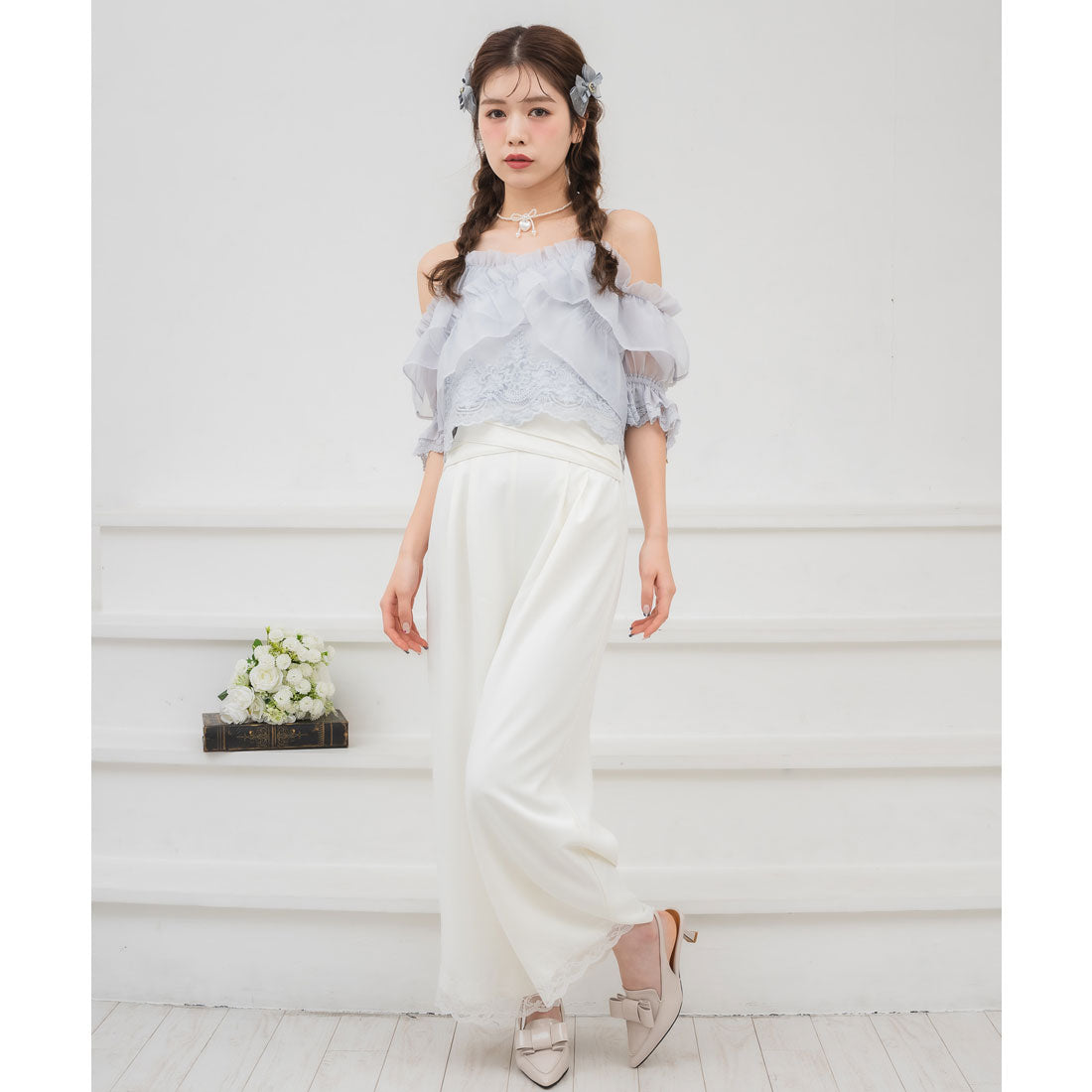 クチュールバイロジータ couture BY ROJITA ウエストデザインワイドパンツ (ホワイト) ホワイト