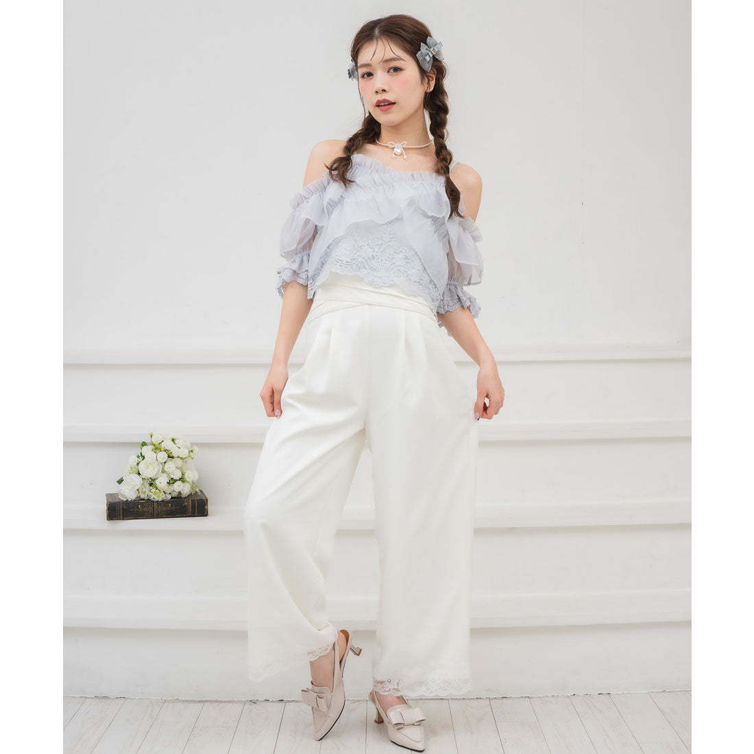 クチュールバイロジータ couture BY ROJITA ウエストデザインワイドパンツ (ホワイト) ホワイト