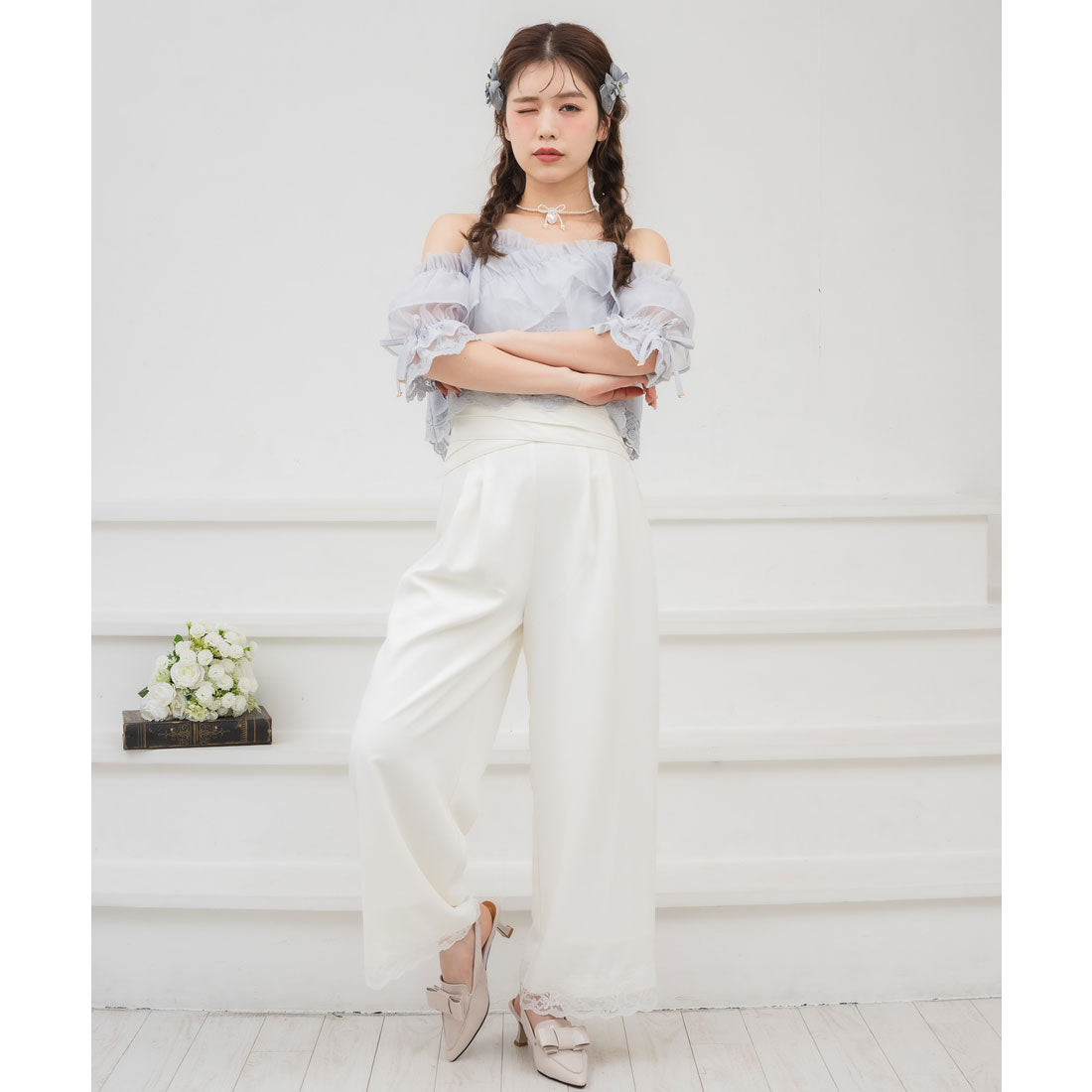 クチュールバイロジータ couture BY ROJITA ウエストデザインワイドパンツ (ホワイト) ホワイト