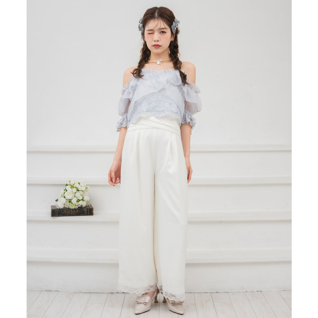 クチュールバイロジータ couture BY ROJITA ウエストデザインワイドパンツ (ホワイト) ホワイト