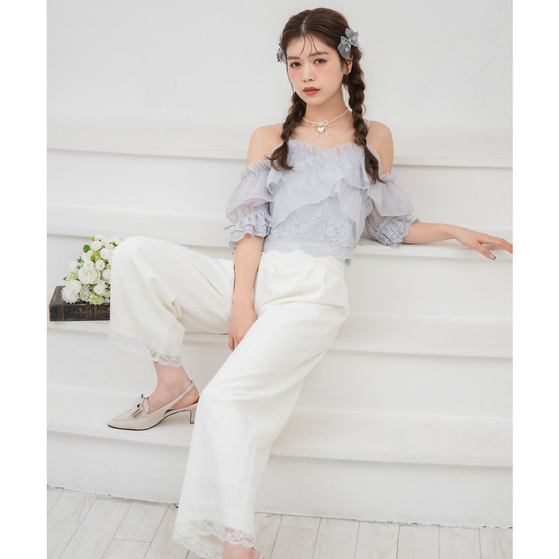 クチュールバイロジータ couture BY ROJITA ウエストデザインワイドパンツ (ホワイト) ホワイト