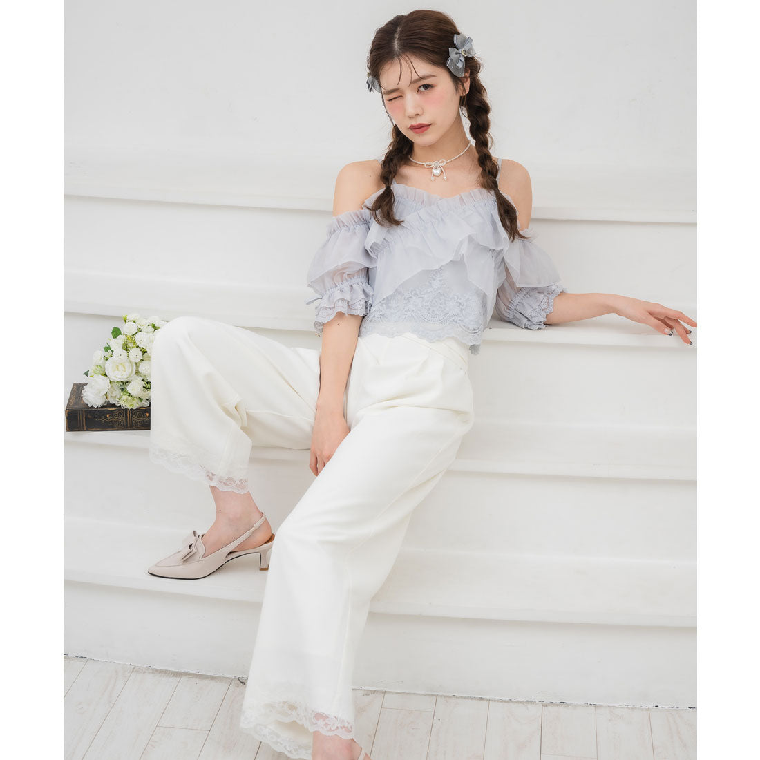 クチュールバイロジータ couture BY ROJITA ウエストデザインワイドパンツ (ホワイト) ホワイト