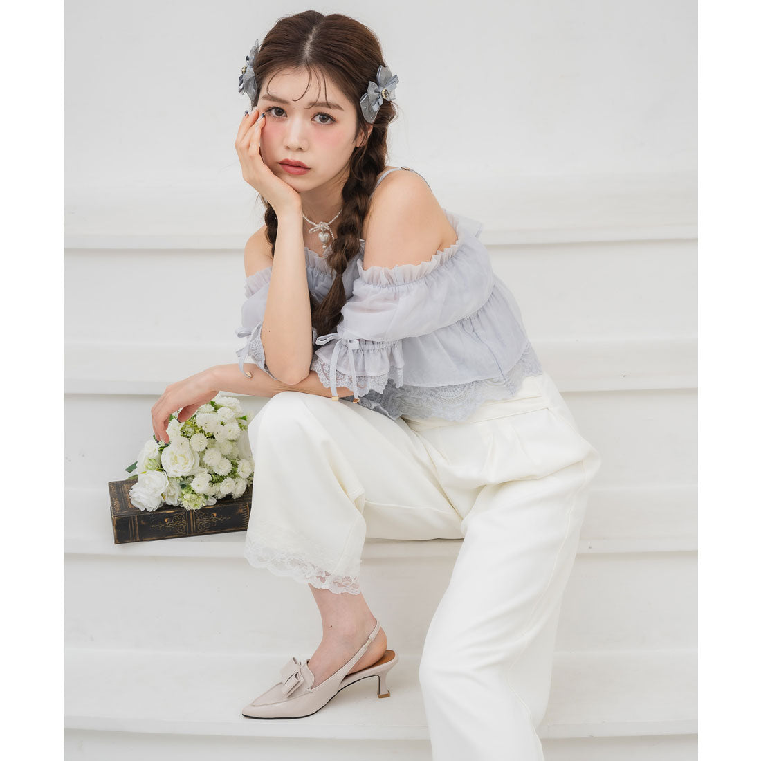 クチュールバイロジータ couture BY ROJITA ウエストデザインワイドパンツ (ホワイト) ホワイト