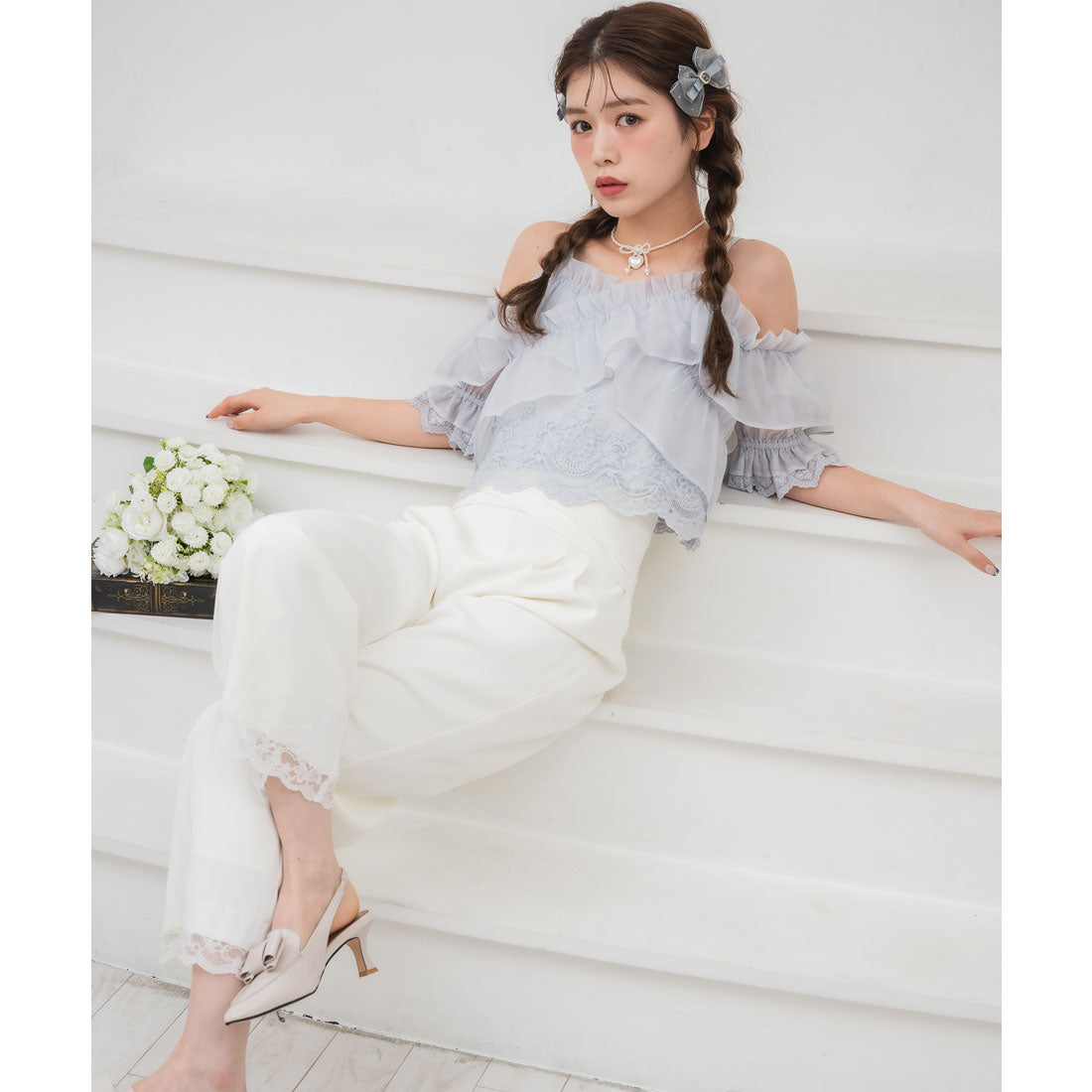 クチュールバイロジータ couture BY ROJITA ウエストデザインワイドパンツ (ホワイト) ホワイト