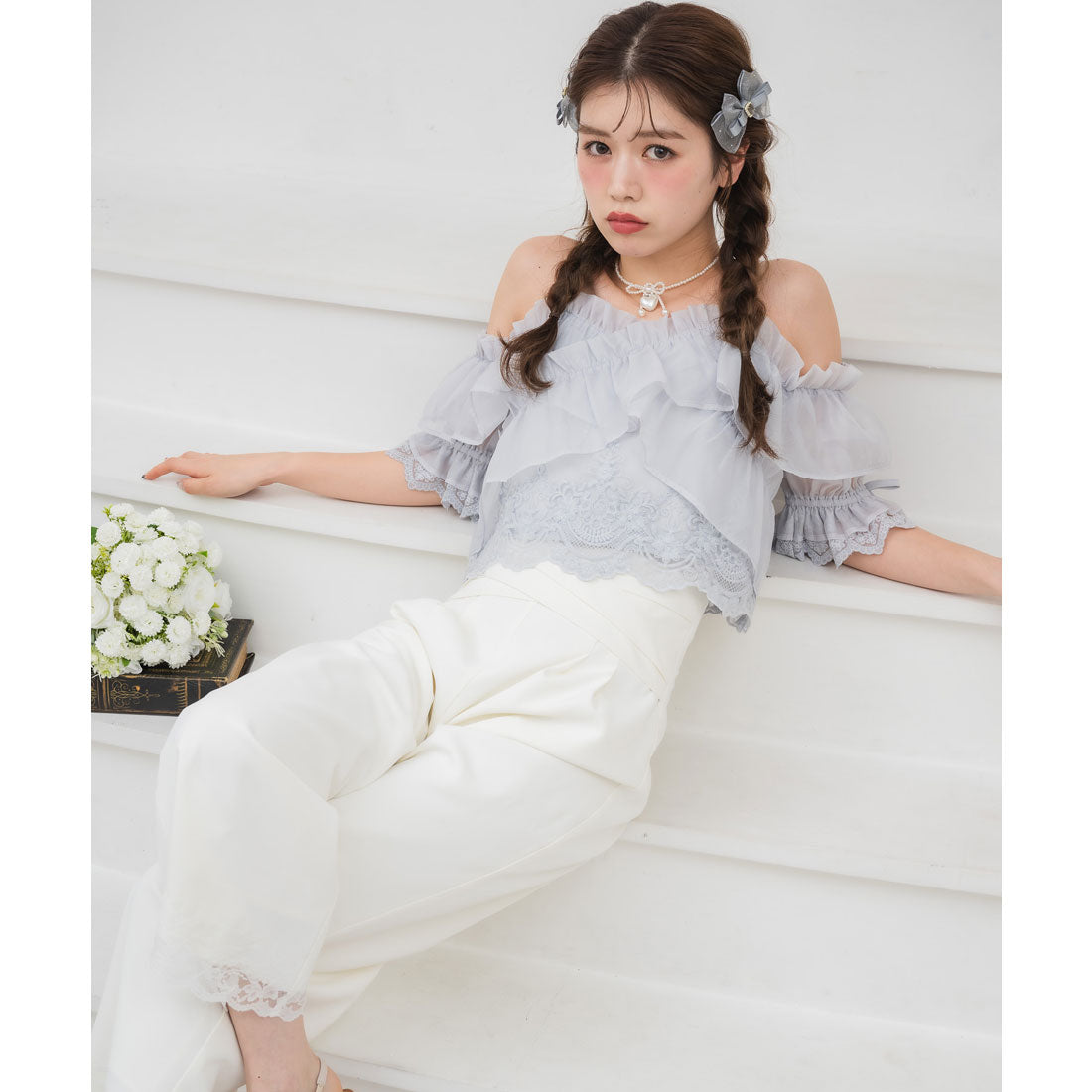 クチュールバイロジータ couture BY ROJITA ウエストデザインワイドパンツ (ホワイト) ホワイト