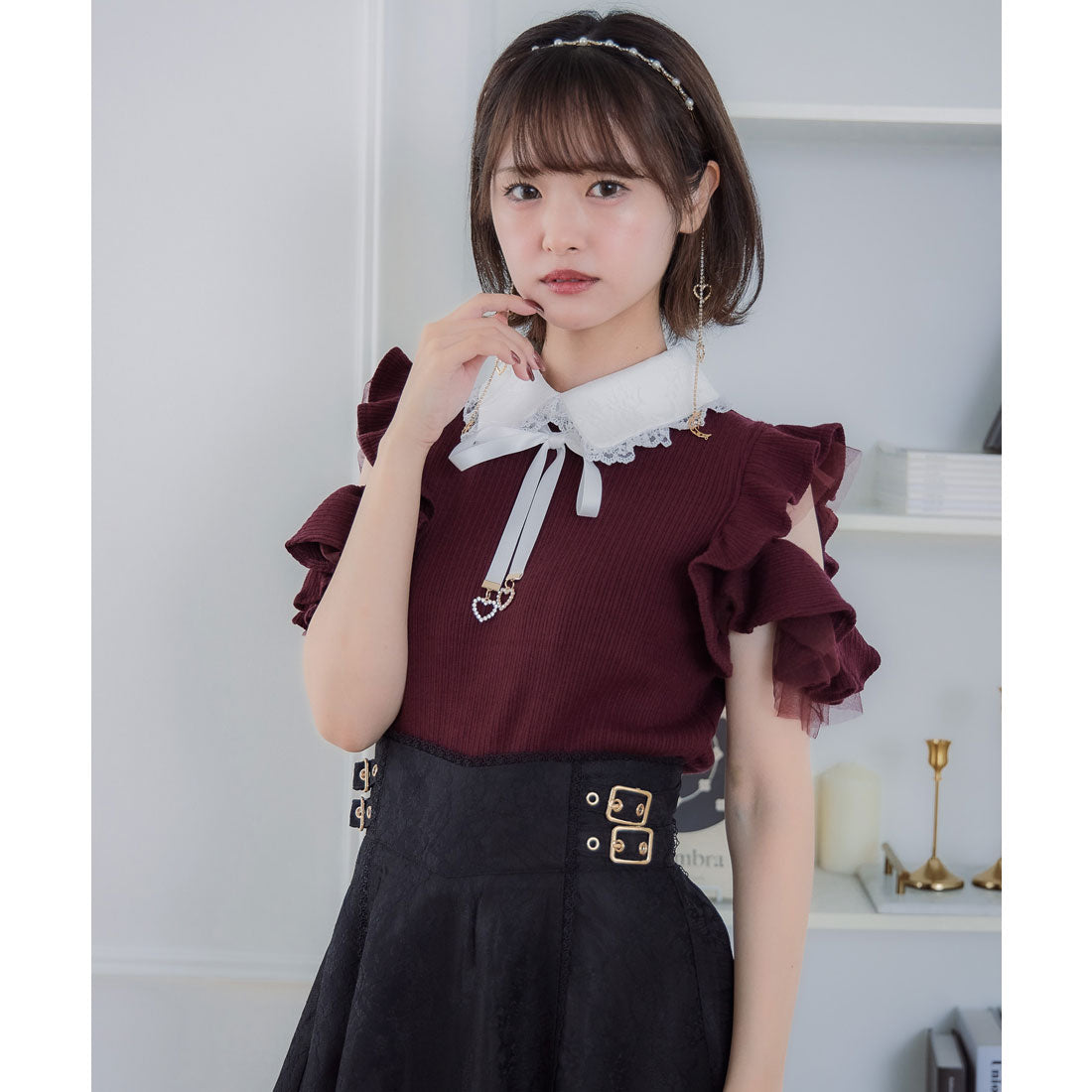 クチュールバイロジータ couture BY ROJITA ショルダーラッフルフリルトップス (ボルドー) ボルドー