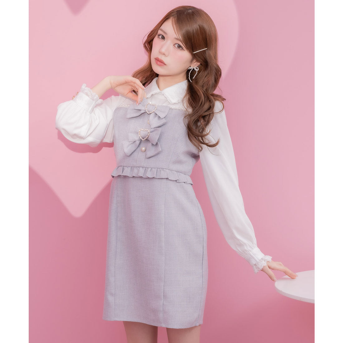 クチュールバイロジータ couture BY ROJITA パールライン切替ダブルリボン付ワンピース (グレー) グレー