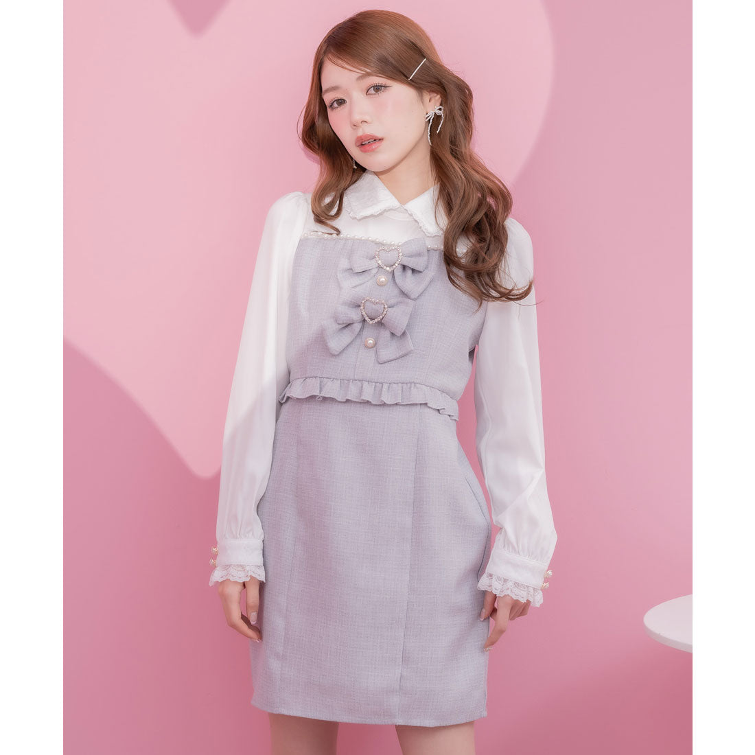 クチュールバイロジータ couture BY ROJITA パールライン切替ダブルリボン付ワンピース (グレー) グレー