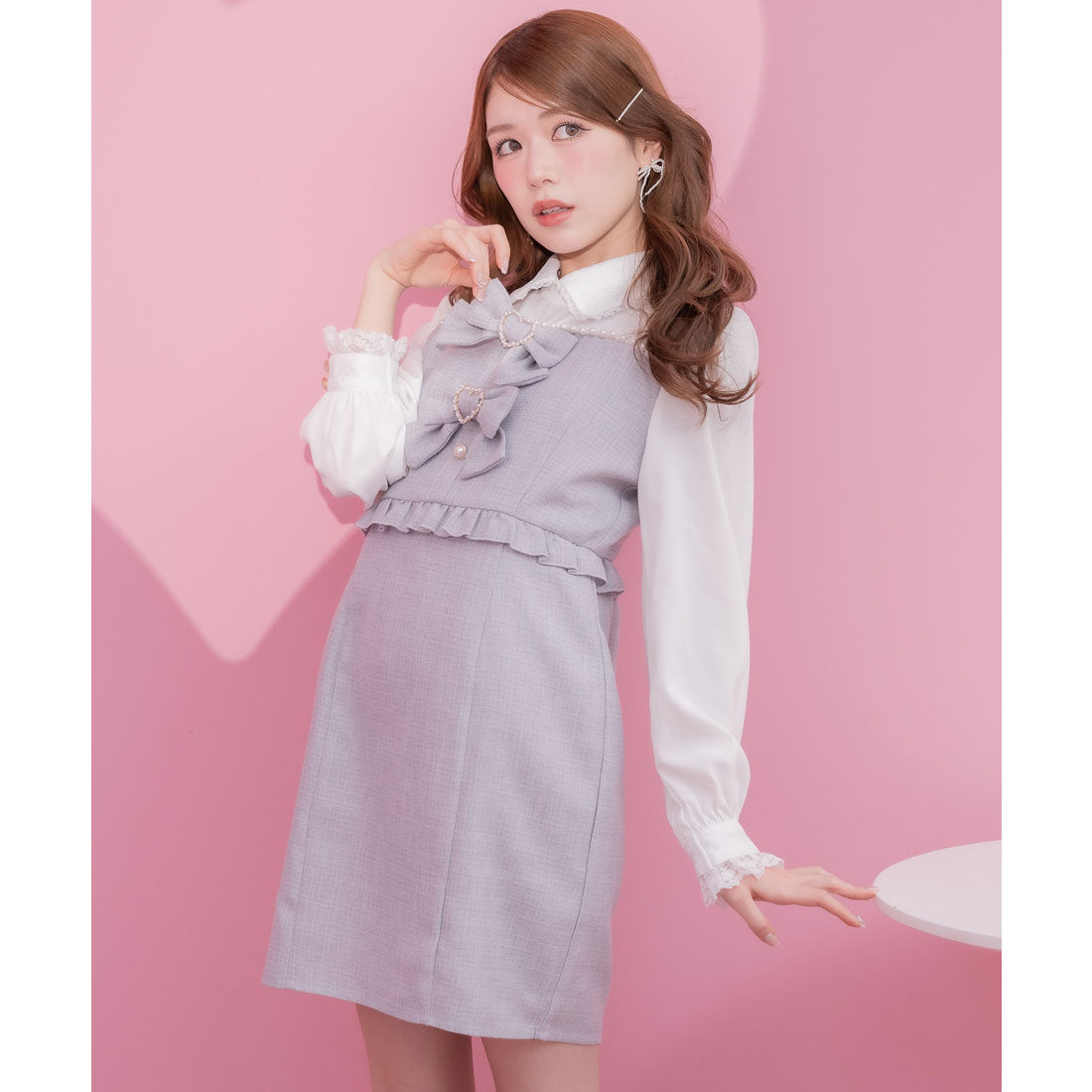 クチュールバイロジータ couture BY ROJITA パールライン切替ダブルリボン付ワンピース (グレー) グレー