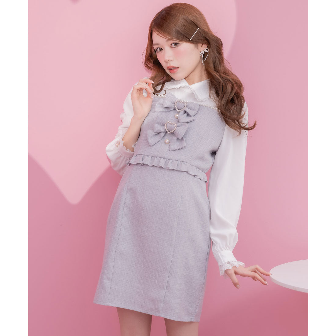 クチュールバイロジータ couture BY ROJITA パールライン切替ダブルリボン付ワンピース (グレー) グレー